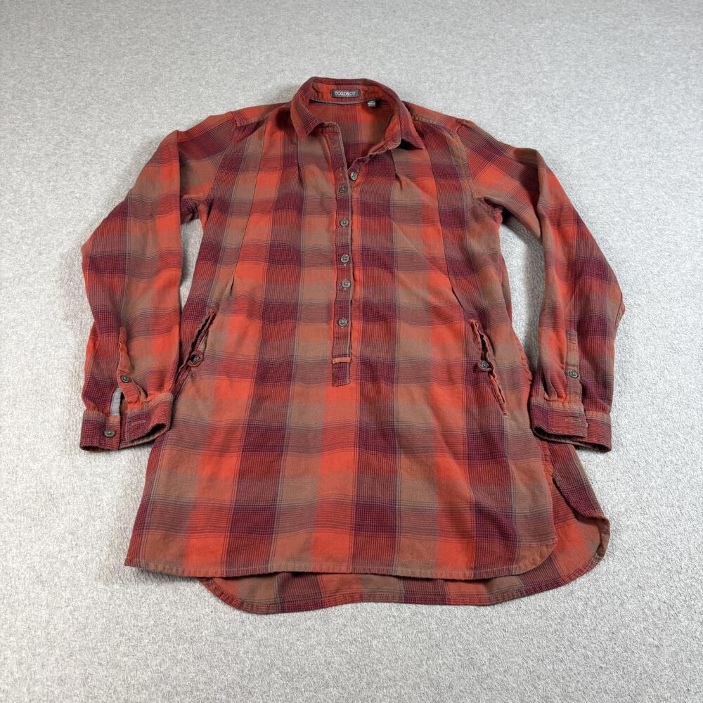 Toad&Co Shirt Women Small Orange Plaid Flannel Organic Cotton Tunic Outdoor Hike